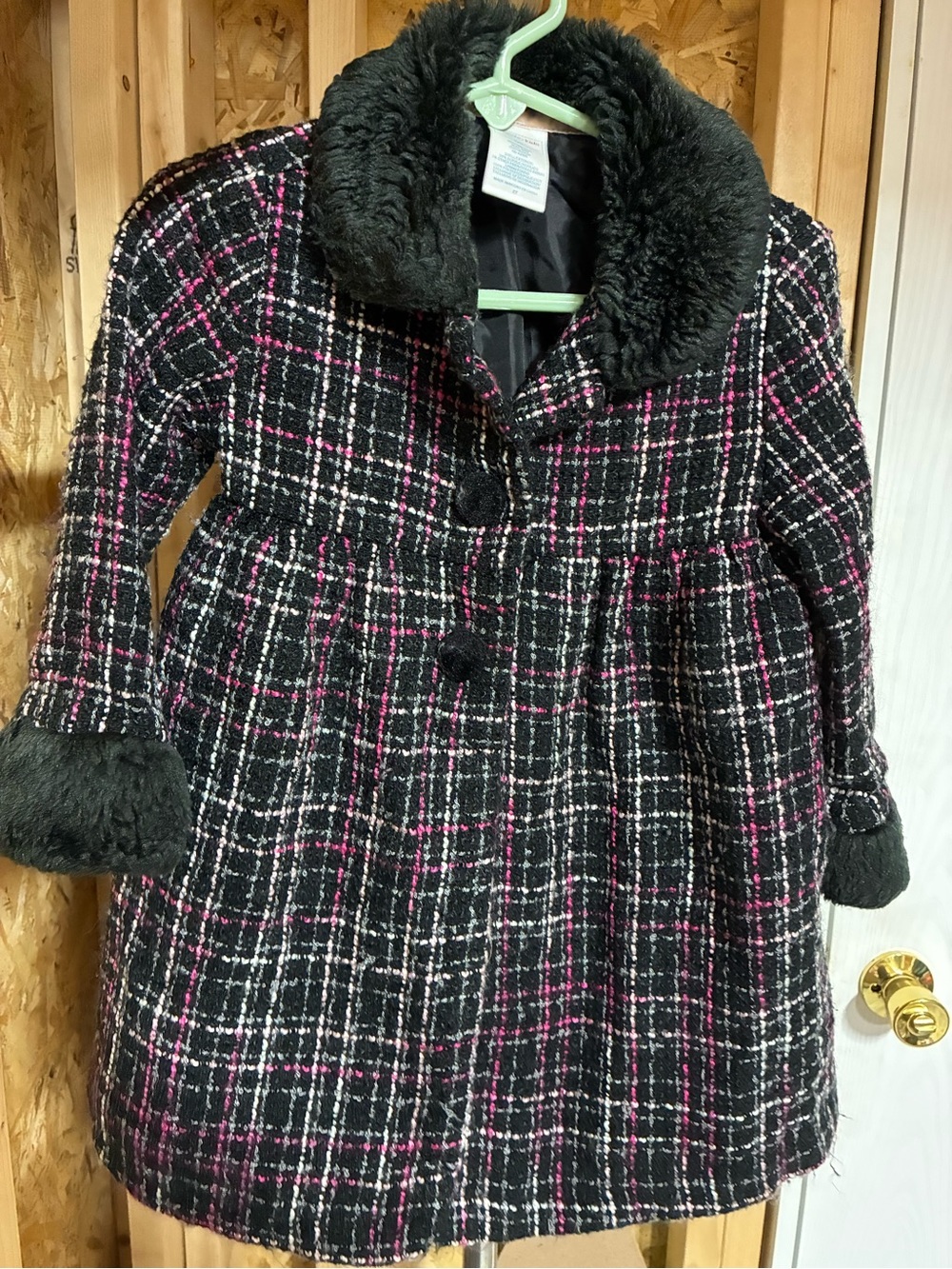 Wonderkids Black Plaid Coat with Pink & White Accents